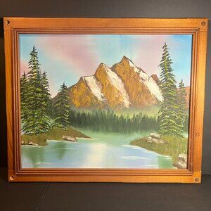 Original Tree Line Mountain Lake Oil on Canvas Painting Framed Wall Art 23 x 19"